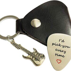 Guitar pick with Cowhide Leather Case Guitar Pick Holder Stainless Steel